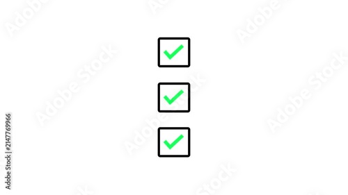 Minimalist checklist animation with green checkmarks on white background, for business and, task management