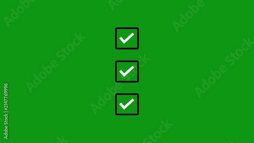 Animated green screen checkmark list, three success confirmation for business presentations and ui chroma key