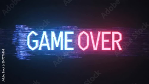 Neon game over text with glitch effect on dark background. 4K Video