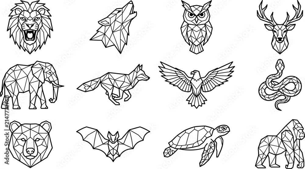 Obraz premium Geometric Animal Icons Set: Lion, Wolf, Owl, Deer, Elephant, Fox, Eagle, Snake, Bear, Bat, Turtle, Gorilla