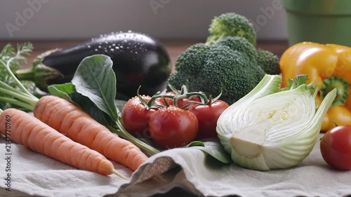 Fresh organic vegetables assortment on a rustic table. 4K Video