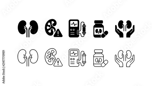 Kidney Health and Dialysis Icon Set in Solid Silhouette and Line Art Style