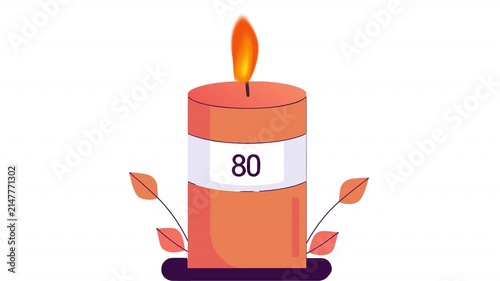 80th Anniversary Celebration with Candle and Twig. Anniversary Date Animation, Alpha Channel. Cartoon