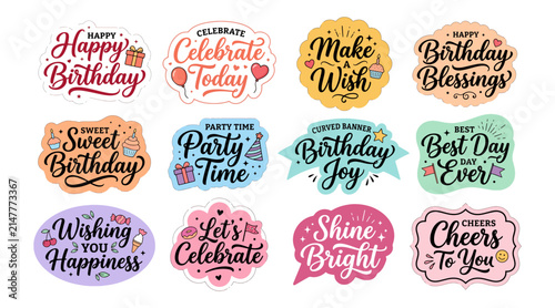 Collection of birthday party celebration stickers and happy birthday greeting labels