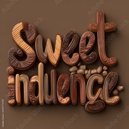 Sweet influence words crafted from delicious melted glossy chocolate bars creating artistic typography design on a solid dark brown background