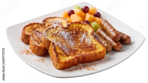Delicious french toast breakfast with sausages and fresh fruit