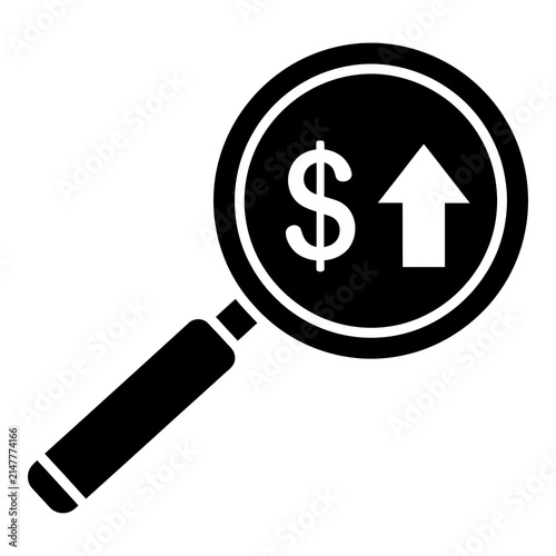 Magnifying glass with dollar sign and upward arrow indicating financial growth and investment analysis icon