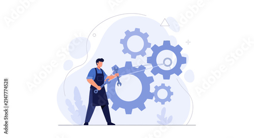 Mechanic working with gears and tools, representing teamwork, industry, and engineering solutions