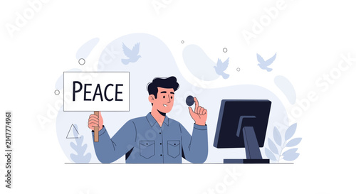 Man with Peace Sign and Computer, Dove Symbols of Hope and Serenity