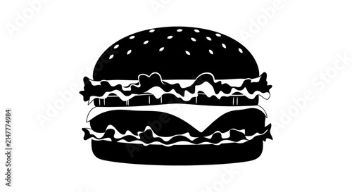 Black silhouette of a cheeseburger with sesame seeds on a white background silhouette