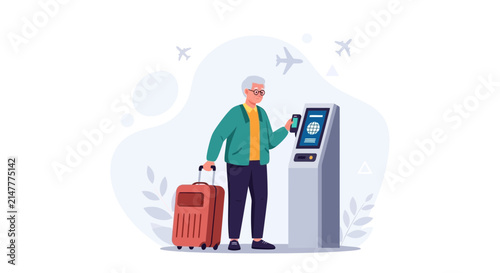 Man with Suitcase Using Self-Service Check-in Kiosk at Airport, Modern Travel Technology Illustration