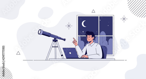 Man with telescope and laptop gazes at night sky, symbolizing research, discovery, and future vision in a modern flat illustration style.