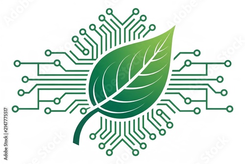 Green leaf combined with electronic circuit board pattern representing modern sustainable technology and eco friendly digital innovation for clean energy solutions in a flat vector style