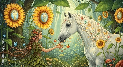 Nature spirit feeding white horse in enchanted sunflower forest