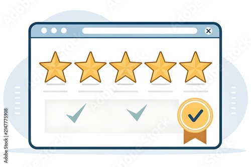 Golden five star rating system displayed on a digital browser interface featuring checkmarks and an official quality badge to signify excellent customer service and satisfaction