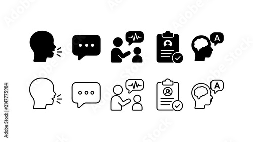 Speech Therapy and Communication Icon Set in Silhouette and Outline Vector