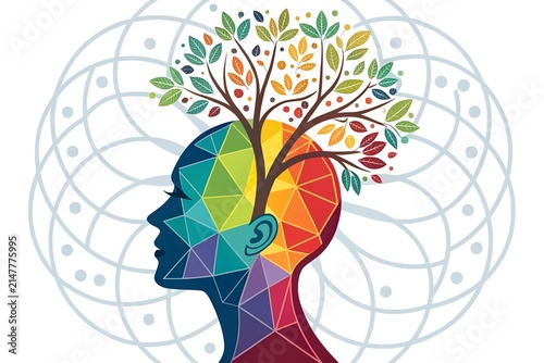 Colorful Human Mind Illustration with Tree of Growth, Mental Wellness, Mindfulness, and Creative Consciousness