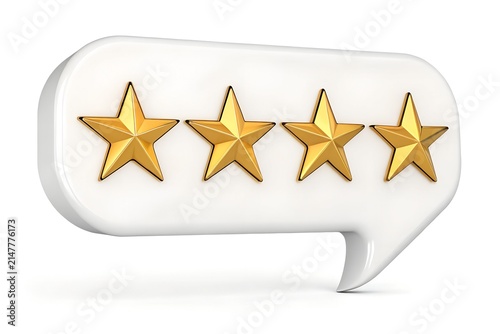 Four shiny golden stars positioned inside a white glossy speech bubble on a clean isolated background representing positive feedback rating systems and high quality service