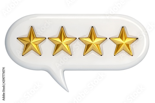 Glossy white speech bubble featuring four bright golden stars representing customer satisfaction feedback and excellent service quality rendered in a clean modern high resolution style