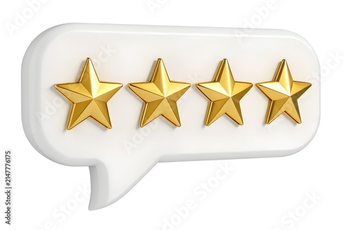 Four shiny gold stars inside a glossy white speech bubble icon representing high customer feedback ratings for excellent service quality on a plain white background