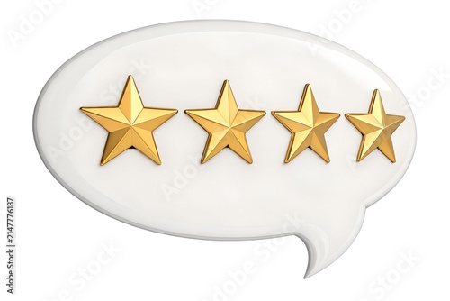 Shiny gold four stars inside glossy white speech bubble representing customer feedback or review rating on isolated background in high quality three dimensional digital style