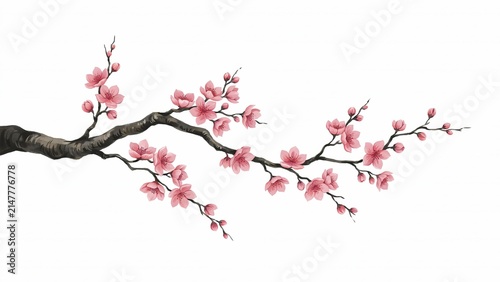 Blooming cherry blossom branch, pink sakura flowers on white background