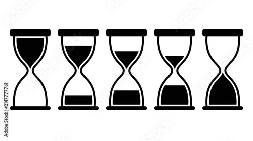 Set of five black hourglass icons showing sand flowing at different stages on a white background, ideal for project management infographics, business deadline presentations and time tracking apps