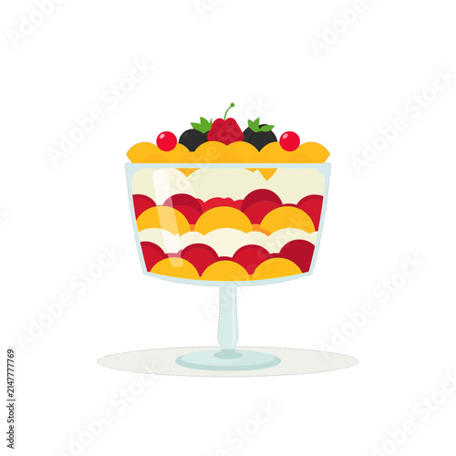 A delicious layered fruit trifle dessert in a glass bowl with whipped cream and fresh berries isolated on transparent background, Vector