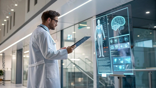Doctor Reviewing AI Powered Patient Diagnosis on Tablet in Modern Digital Healthcare Clinic