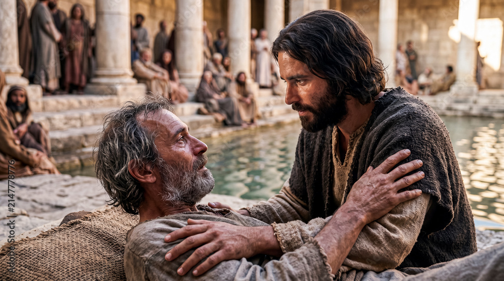 Obraz premium Jesus speaking with a sick man beside a pool of Bethesda.