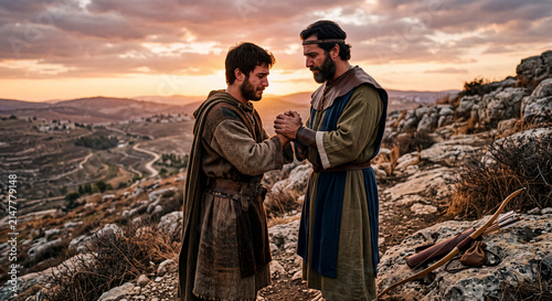 Biblical scene of David and Jonathan holding hands in deep sorrow as they prepare to part.