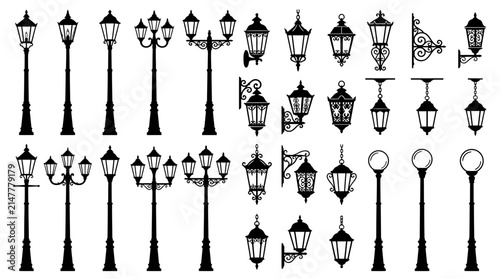 Collection of vintage street lamp silhouettes and antique outdoor lantern icons on white background, ideal for architectural visualization, urban design and graphic illustration