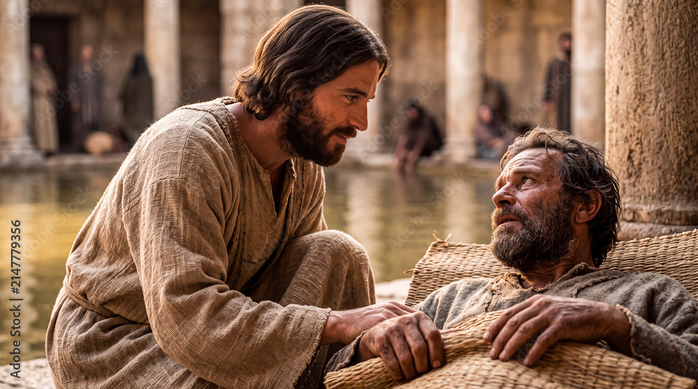 Obraz premium Jesus speaking with a sick man beside a pool of Bethesda.