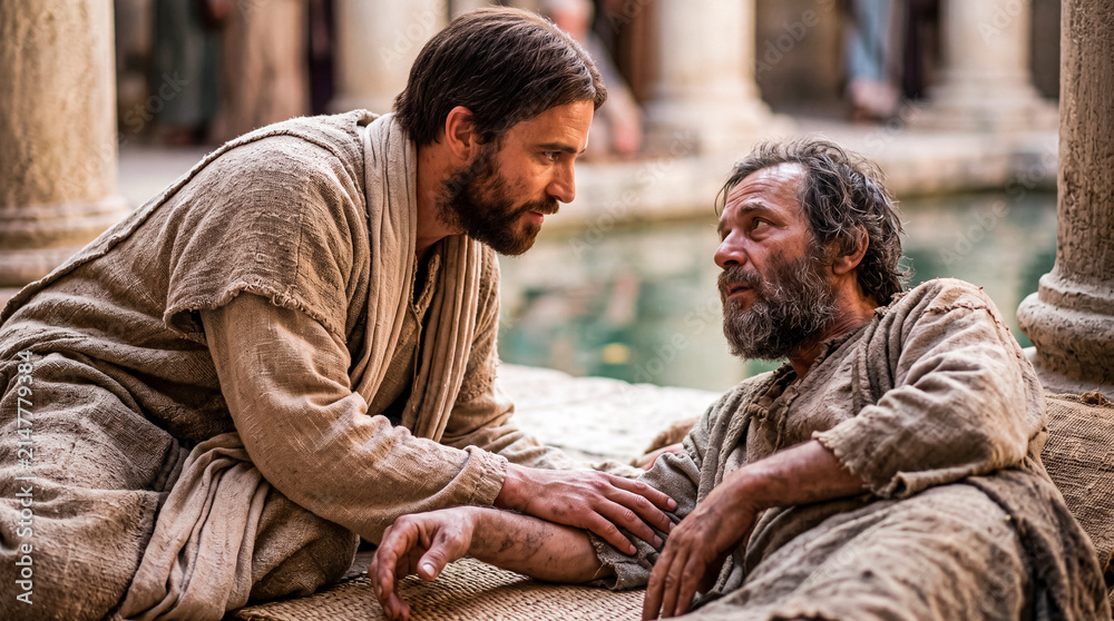 Obraz premium Jesus speaking with a sick man beside a pool of Bethesda.