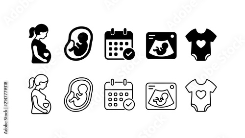Pregnancy and Maternity Icon Set in Silhouette and Outline Vector Style