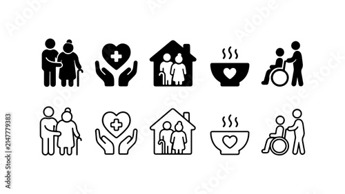 Elderly Care Icon Set Silhouette and Outline Vector Collection