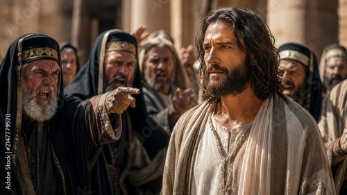 Biblical scene of Jesus Christ debating with religious leaders.