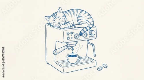 Cute tabby cat sleeping on a coffee machine, handdrawn illustration