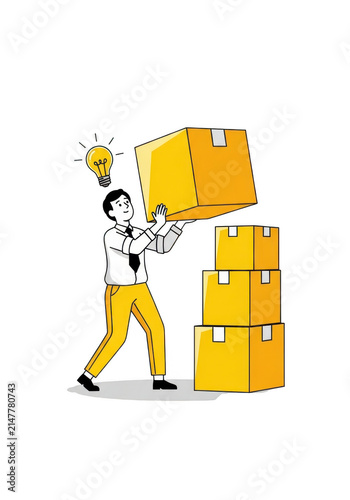 Business man stacking cardboard boxes with a bright light bulb idea symbol in a flat style isolated on transparent background