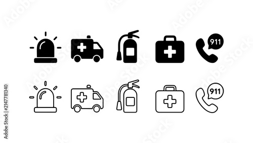 Emergency Services Icon Set in Solid Silhouette and Linear Outline Style