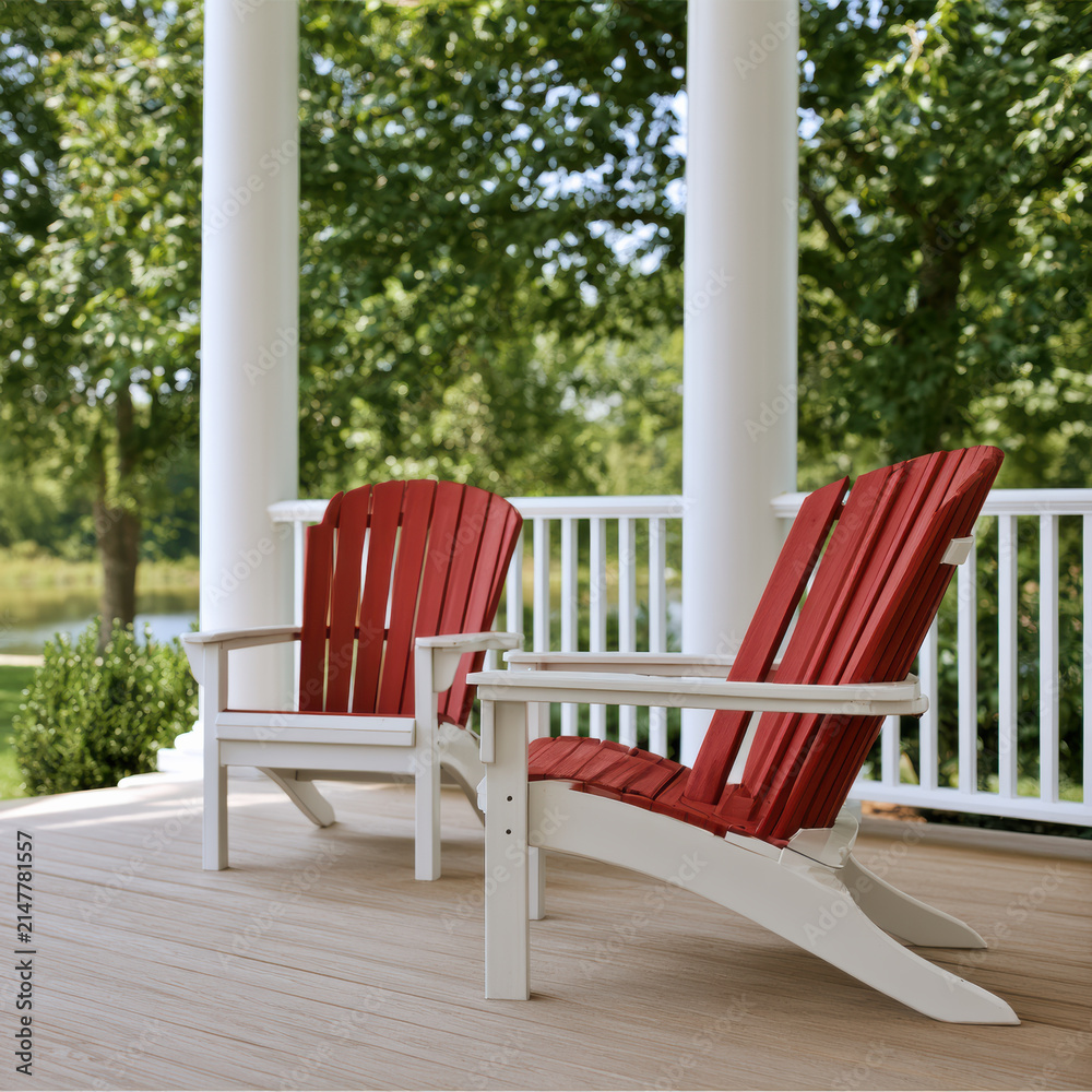 Fototapeta premium Red Adirondack chairs on wooden porch with white railing and columns, surrounded by green trees, peaceful outdoor seating area
