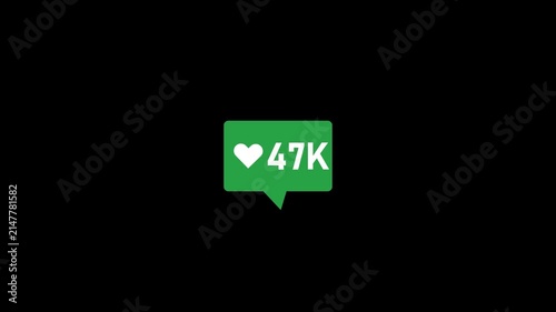 Social media like counter animation with rapidly increasing engagement numbers on green notification bubble