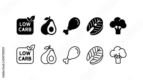 Obraz na płótnie Low Carb Diet Food Icons Set in Silhouette and Outline Styles