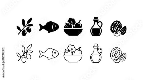 Healthy Food Icon Set with Silhouette and Outline Style Vector