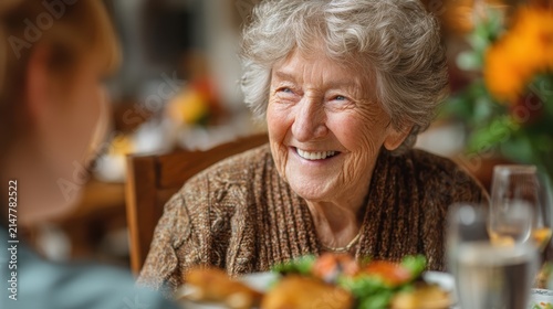 Smiling senior grandmother looking at family member during warm dinner celebration at home