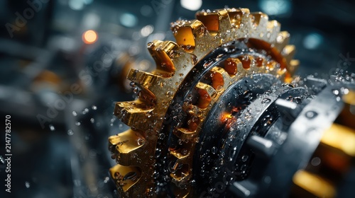 Close up of precision golden metallic gears lubricated with oil droplets in modern industrial machine factory atmosphere