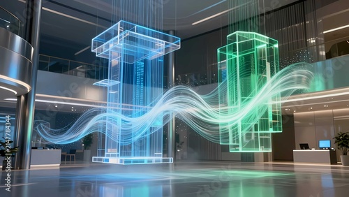Luxury digital business environment featuring transparent crystal structures and cinematic futuristic lighting
