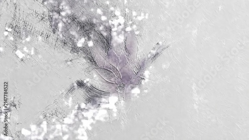 Delicate frost crystals and wispy feathery ice patterns with soft purple tint on white abstract background