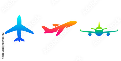 Set of three gradient airplane icons in different views: top, side perspective, and front. Minimalist silhouettes on a white background for travel design.
