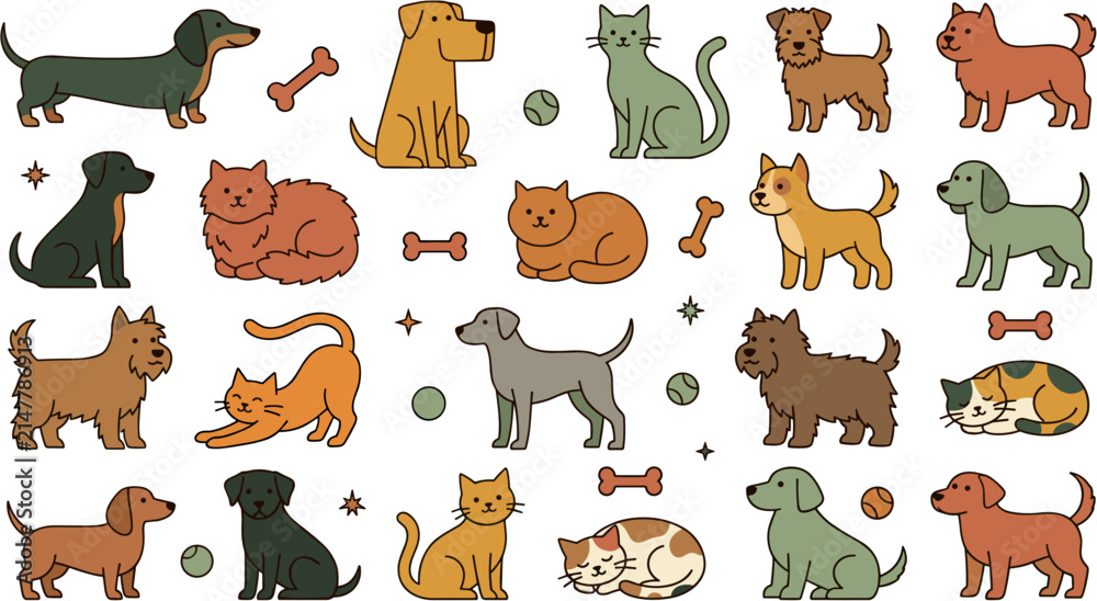 Fototapeta premium Seamless pattern of cute hand drawn dogs and cats on black background.